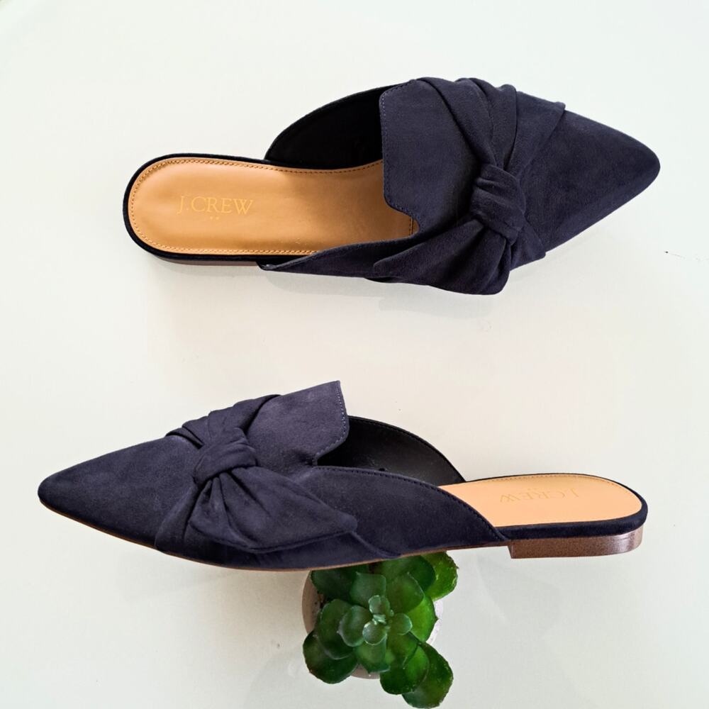 J CREW Bow Mules Size 9.5  Navy Blue Faux Suede Flats